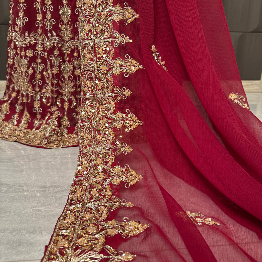 Bridal lehenga pakistani in deep red with tilla kora crystal and botti spray work