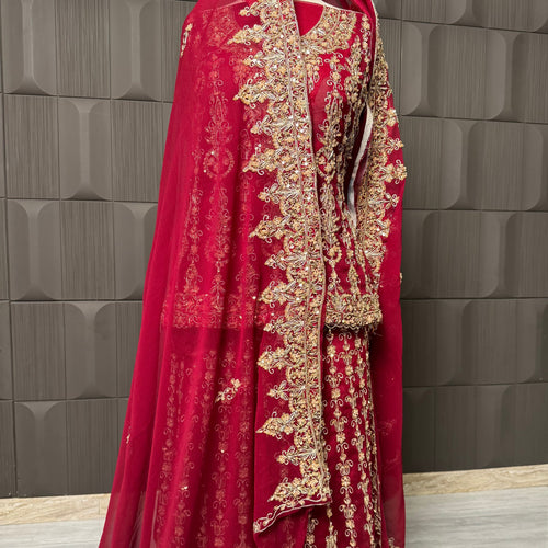 Bridal Lehenga Hand Work BL010 – Deep Red Chiffon with Tilla, Kora & Jewelry Crystal