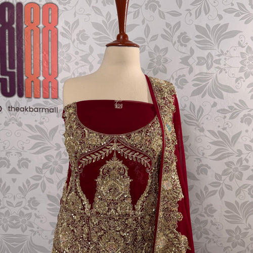 Bridal lehenga hand work shirt view BL025 – deep anari red crinkle chiffon shirt with kora dabka and pearl embroidery bridal Pakistan
