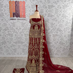 Bridal lehenga hand work BL025 full view – deep anari red semi pure crinkle chiffon with kora dabka pearl embroidery Pakistani wedding
