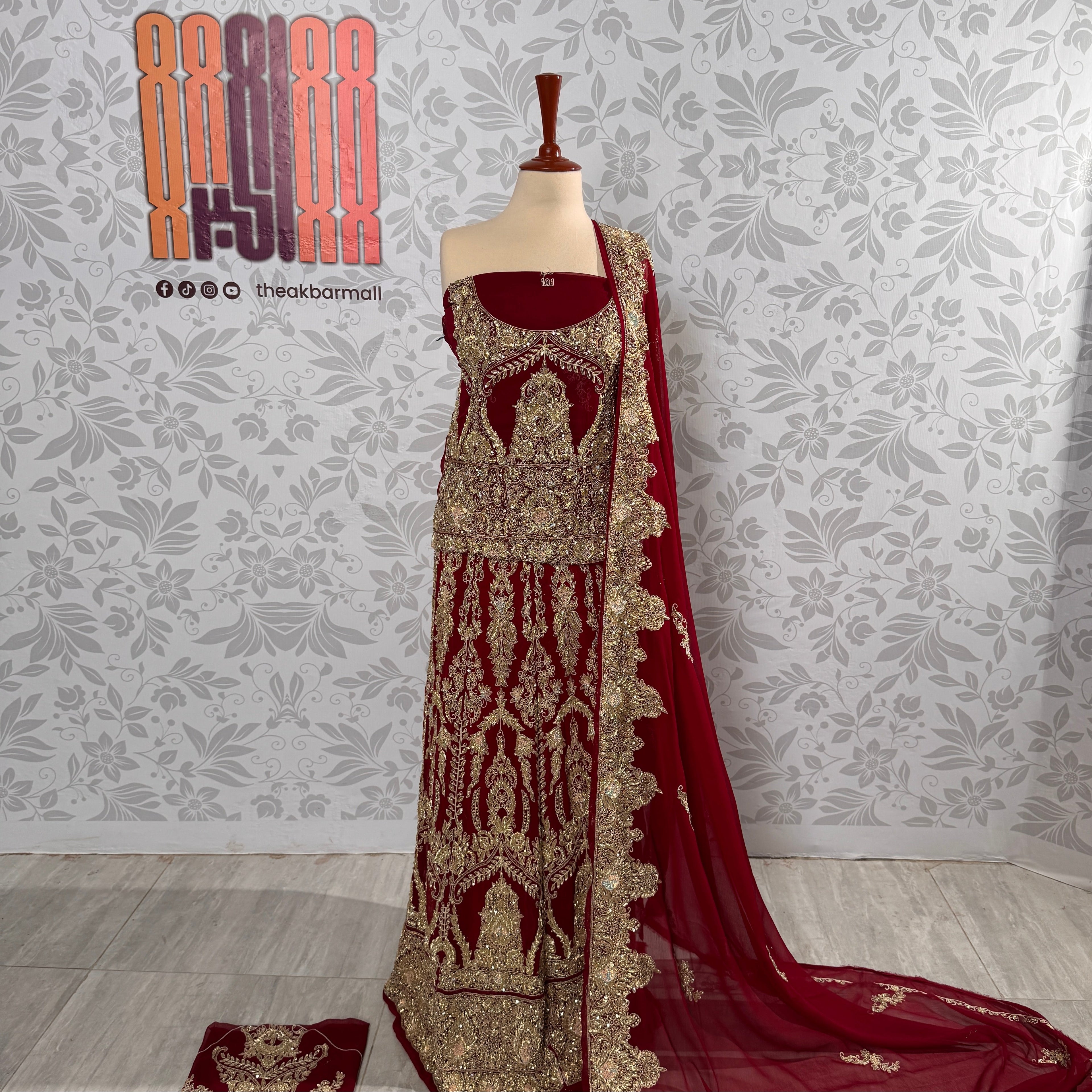 Bridal lehenga hand work BL025 full view – deep anari red semi pure crinkle chiffon with kora dabka pearl embroidery Pakistani wedding
