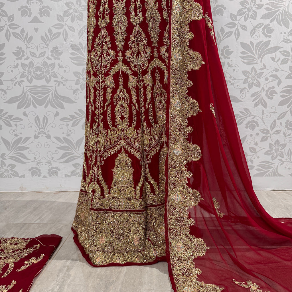 Wedding lehenga hand work BL025 lehenga view – deep anari red crinkle chiffon with kora dabka and pearl embroidery full skirt Pakistan
