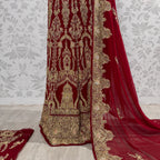 Wedding lehenga hand work BL025 lehenga view – deep anari red crinkle chiffon with kora dabka and pearl embroidery full skirt Pakistan
