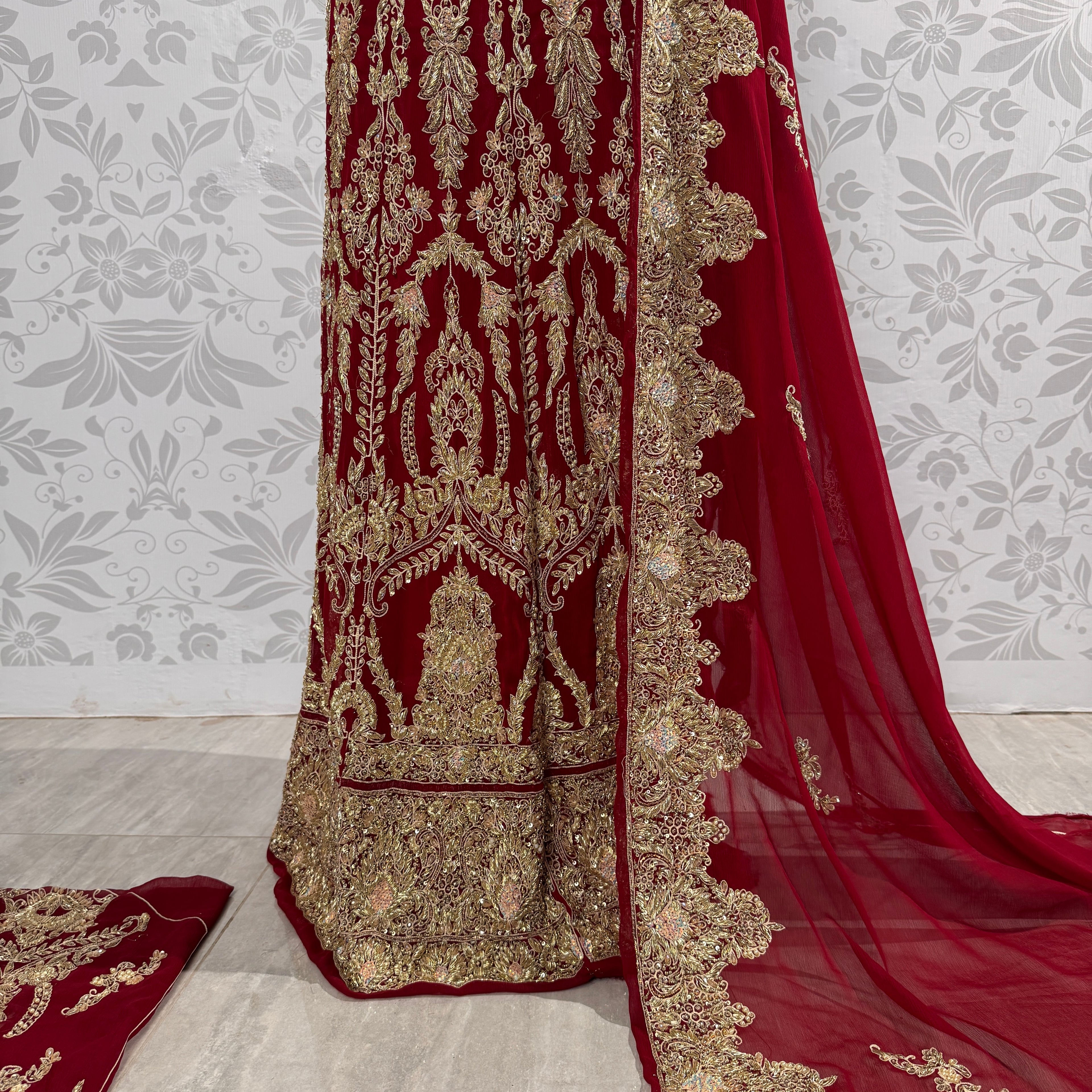 Wedding lehenga hand work BL025 lehenga view – deep anari red crinkle chiffon with kora dabka and pearl embroidery full skirt Pakistan
