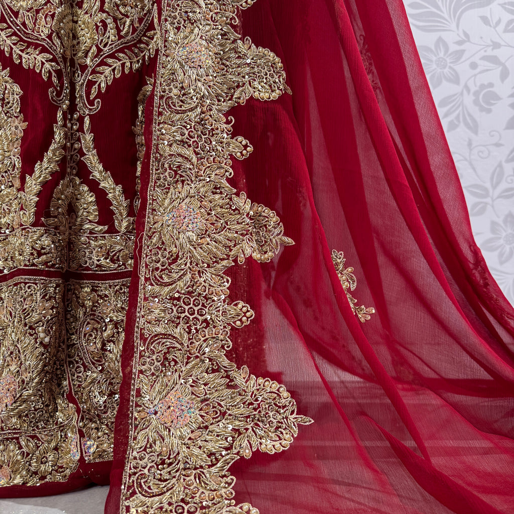 Bridal lehenga online Pakistan BL025 dupatta – deep anari red with heavy matha patti border and light three-side border wedding lehenga

