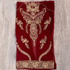 Bridal lehenga hand work BL025 sleeves detail – motif style border on deep anari red semi pure crinkle chiffon Pakistan
