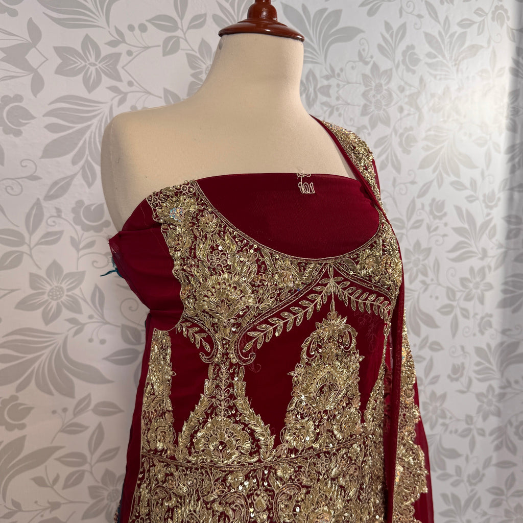 Bridal lehenga Pakistani BL025 shirt close up – kora dabka pearl hand work detail on deep anari red crinkle chiffon fabric
