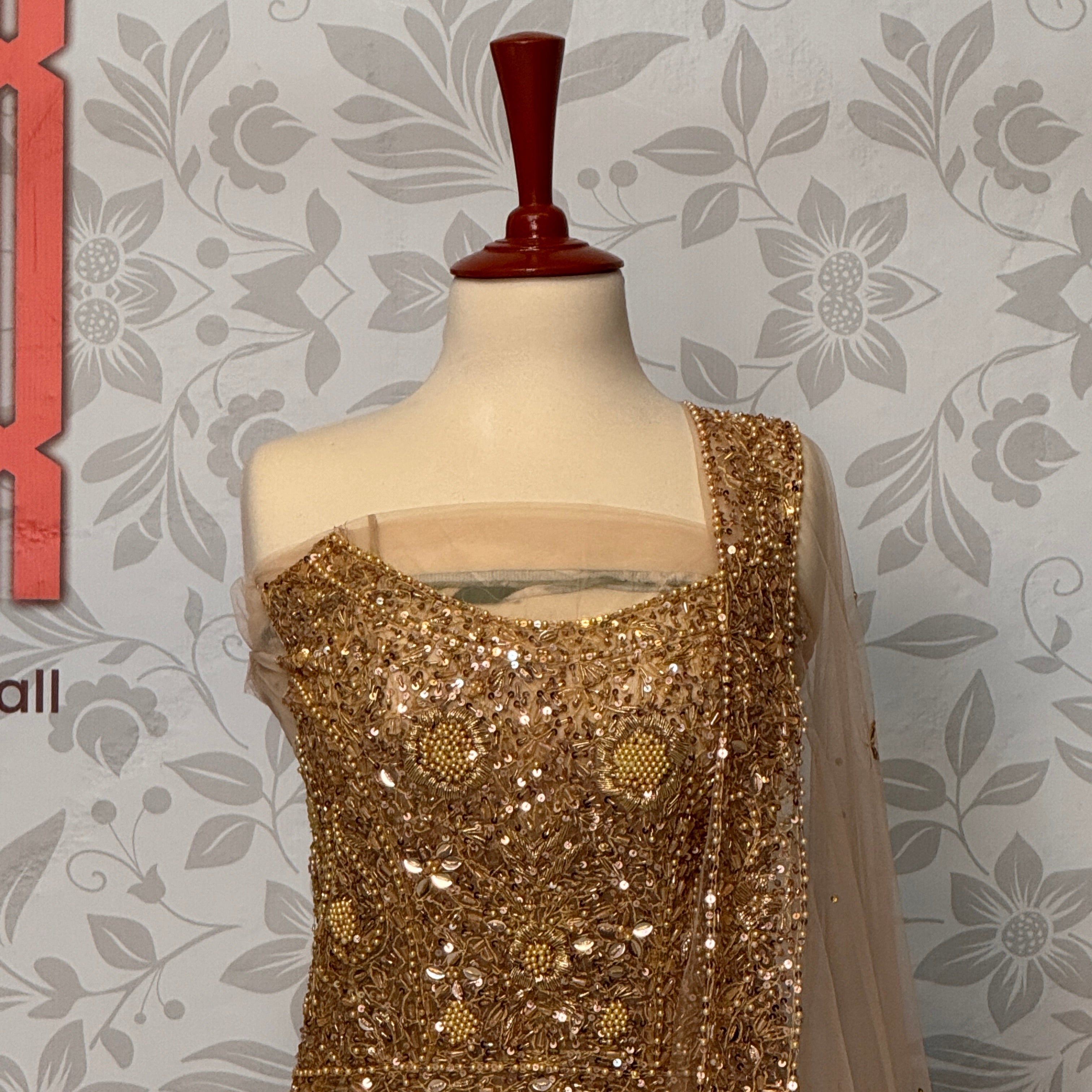 Bridal maxi for nikkah BM013 front inner border view – skin gold net with nakshi pearls crystal sequin embroidery Pakistan
