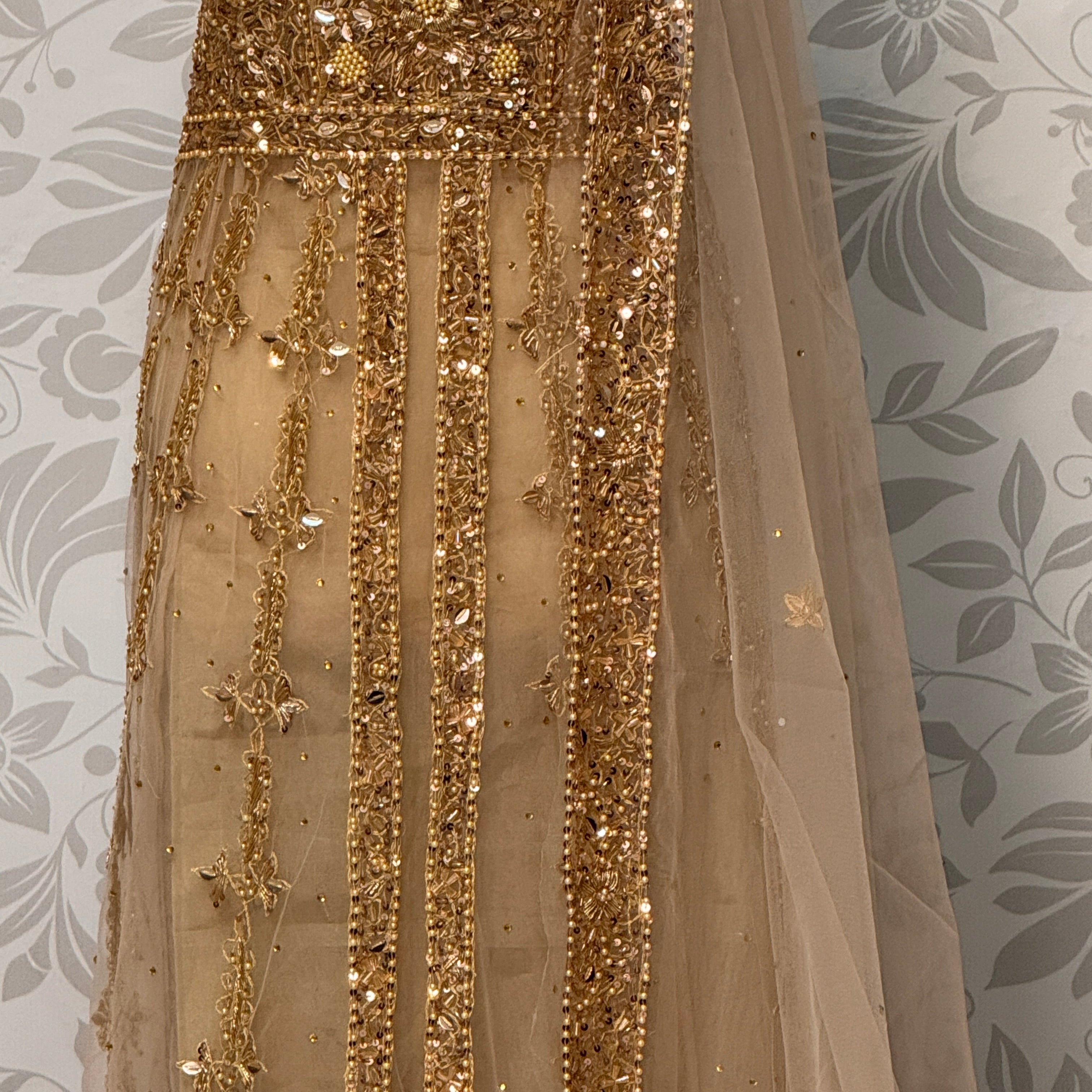 Bridal maxi BM013 dupatta – skin gold with heavy matha patti border and light spray work sides Pakistani wedding maxi
