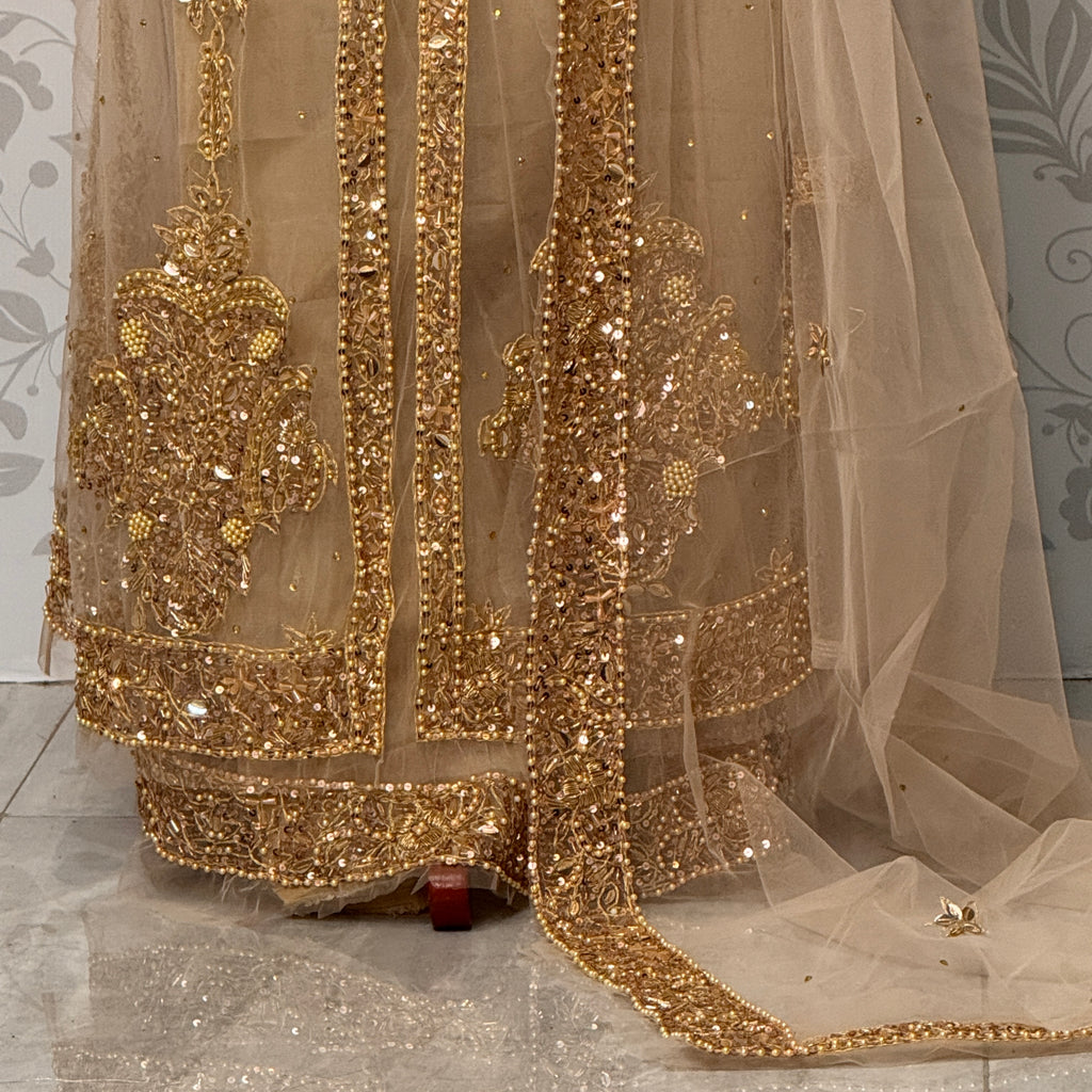 Bridal maxi for nikkah BM013 front inner border view – skin gold net with nakshi pearls crystal sequin embroidery Pakistan
