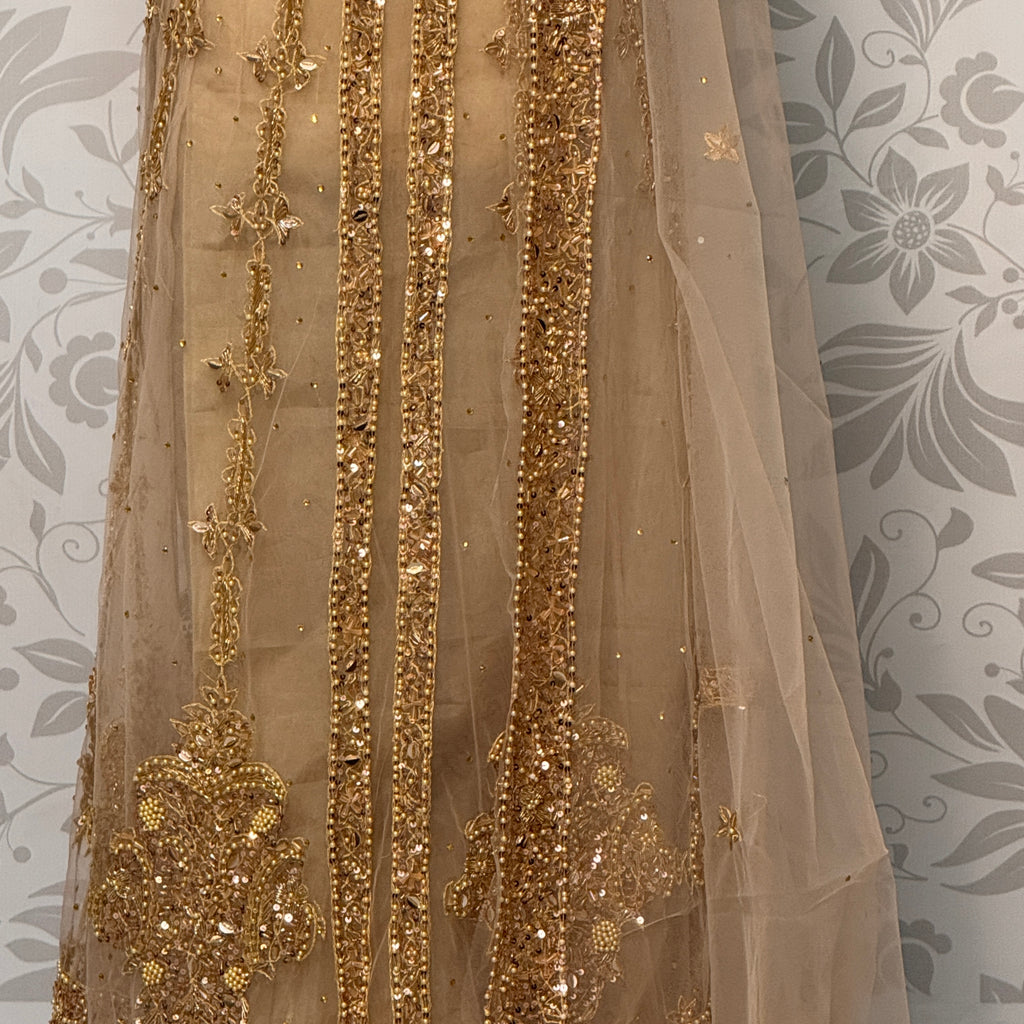 Bridal maxi for nikkah BM013 front inner border view – skin gold net with nakshi pearls crystal sequin embroidery Pakistan

