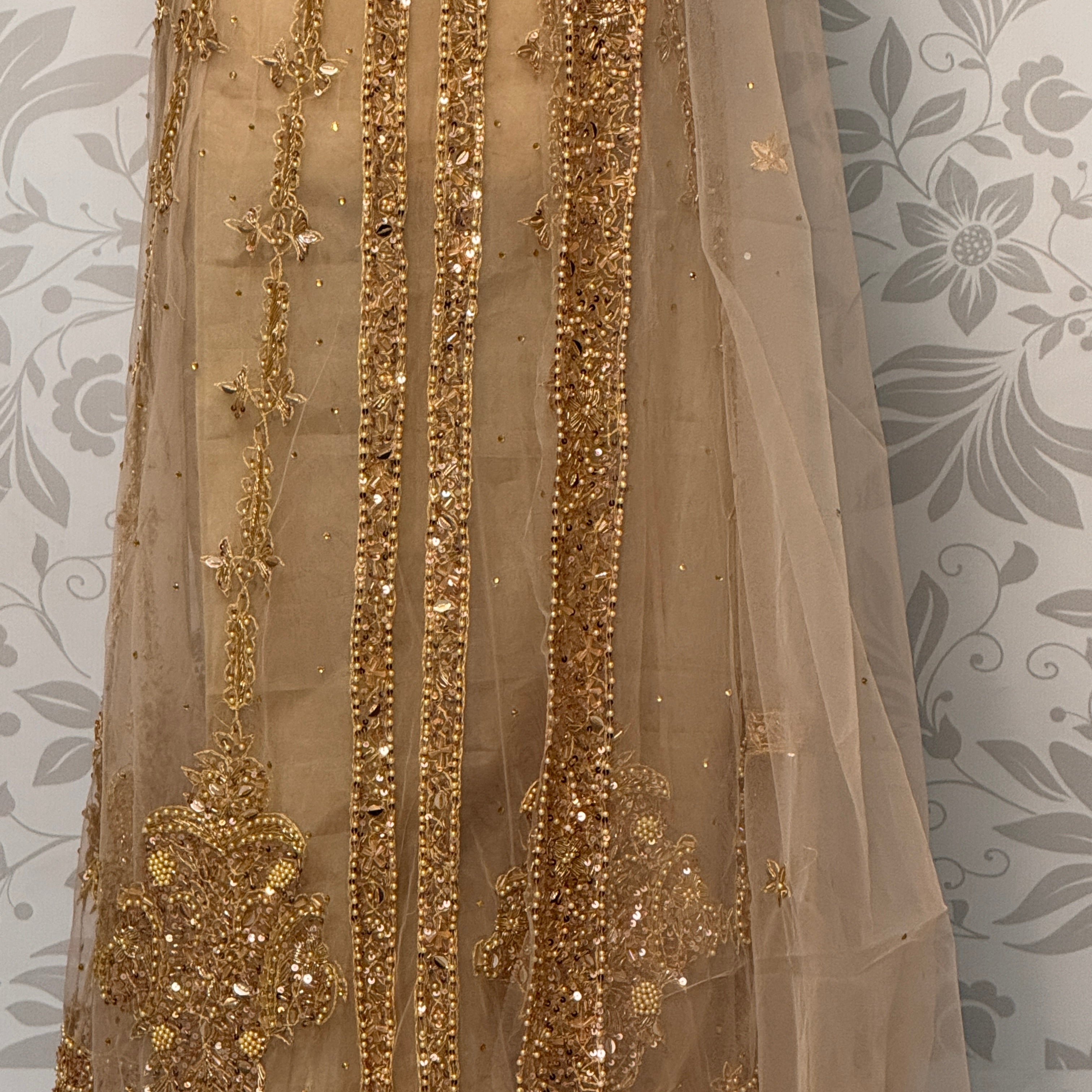Bridal maxi for nikkah BM013 front inner border view – skin gold net with nakshi pearls crystal sequin embroidery Pakistan
