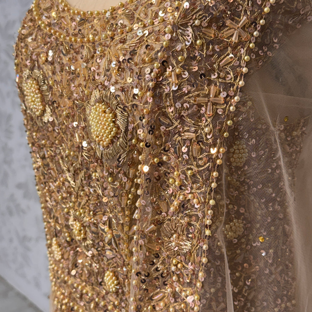Bridal maxi for nikkah BM013 front inner border view – skin gold net with nakshi pearls crystal sequin embroidery Pakistan

