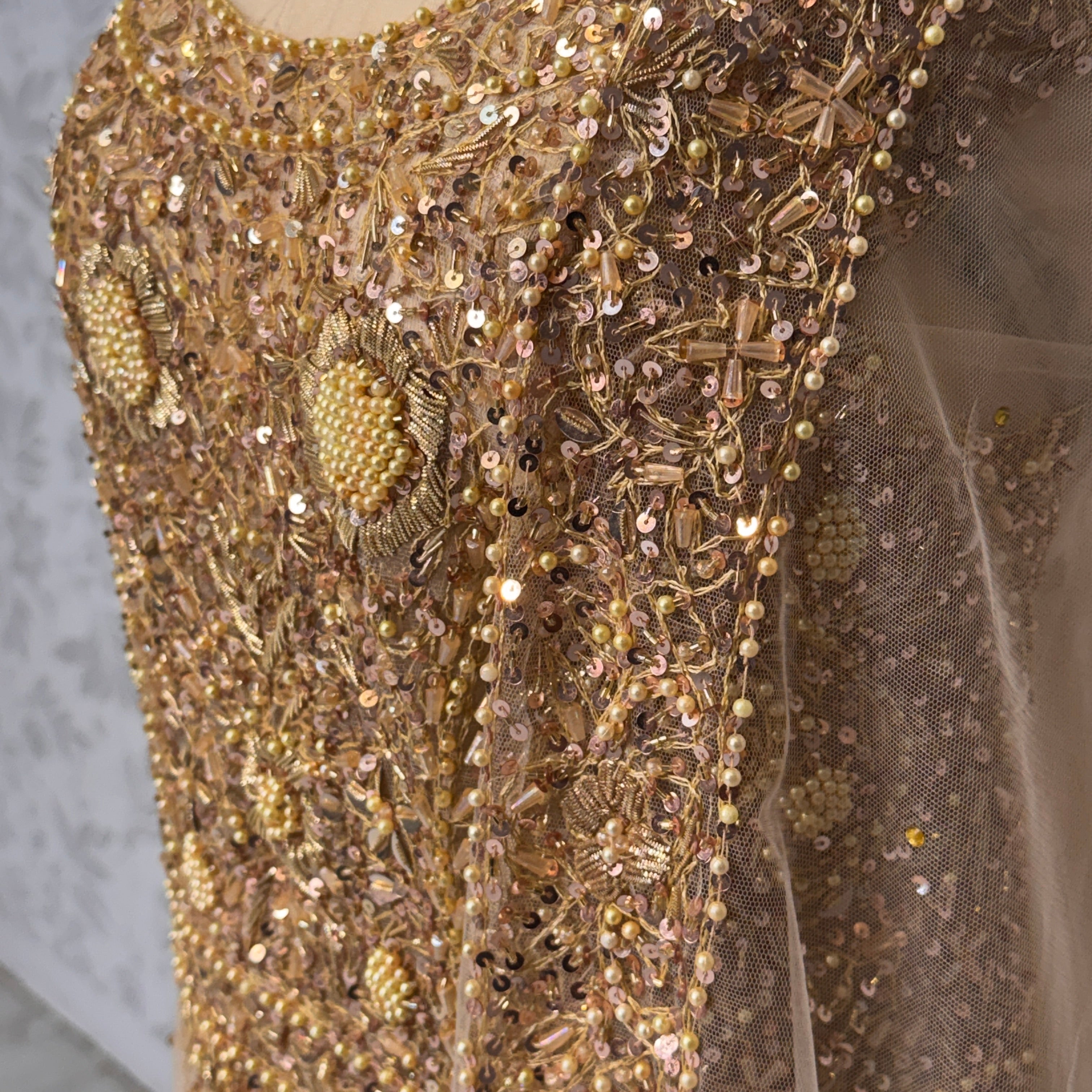 Bridal maxi for nikkah BM013 front inner border view – skin gold net with nakshi pearls crystal sequin embroidery Pakistan
