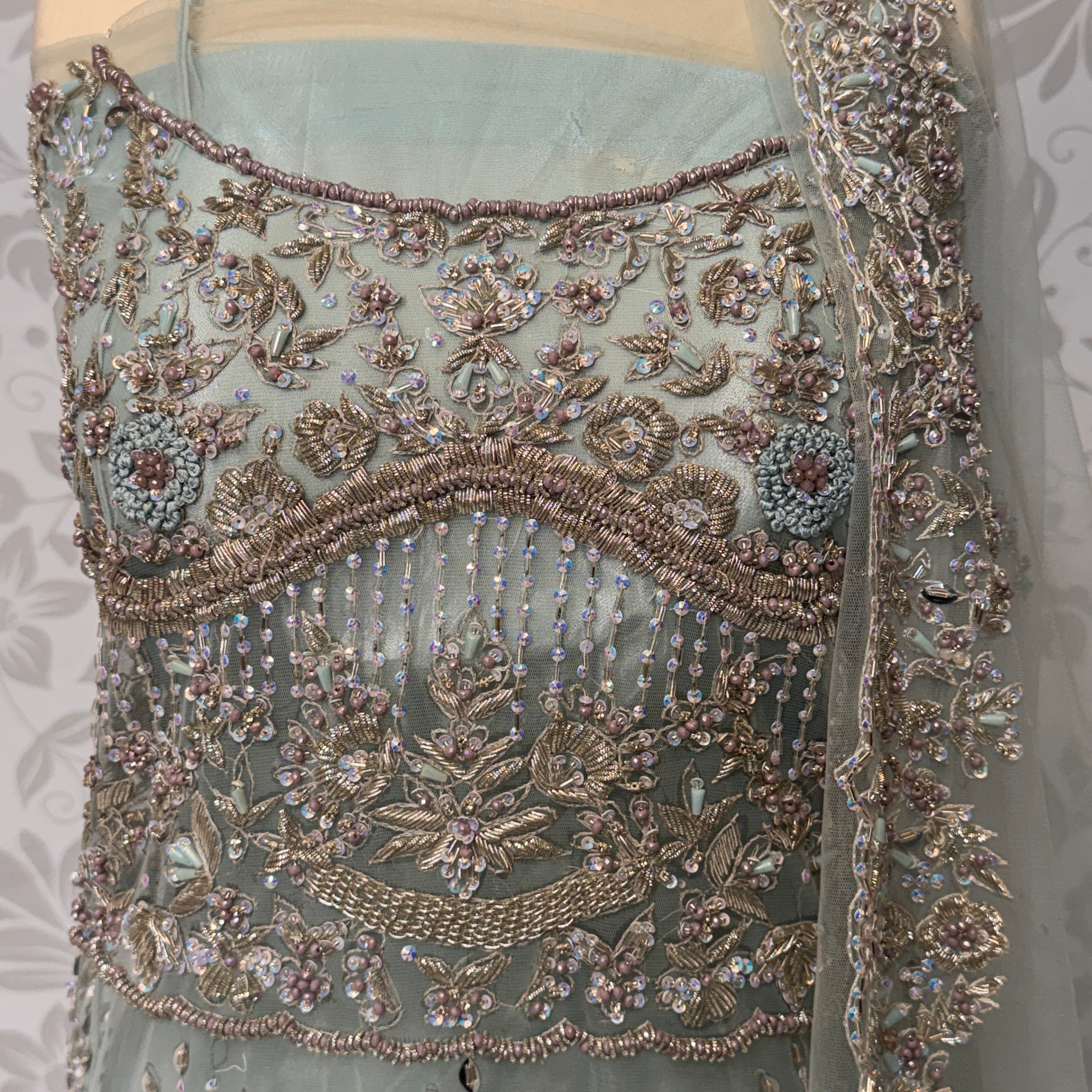 Bridal maxi for walima BM014 maxi front view – ice blue net with kora nakshi pearls and sequin embroidery bridal Pakistan
