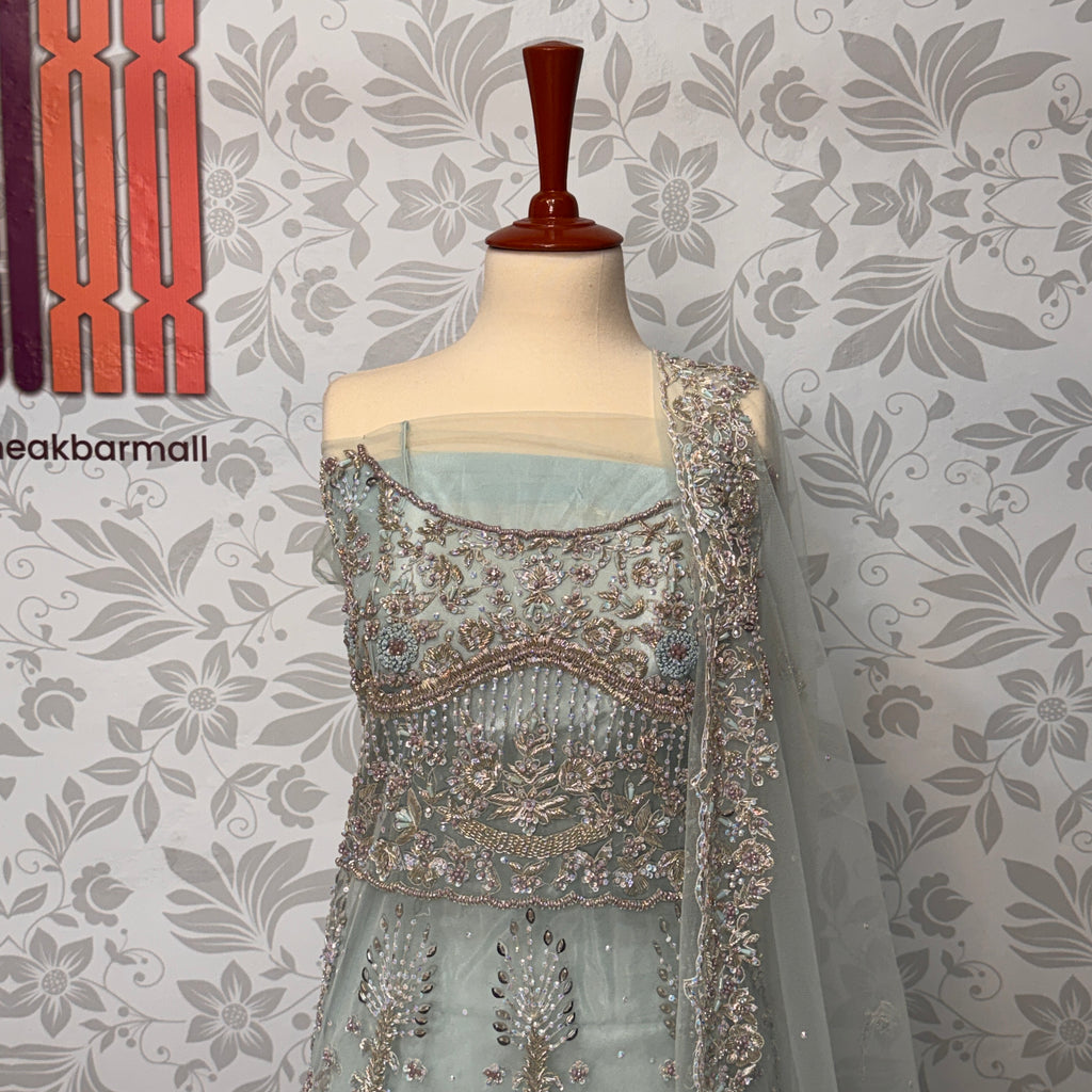 Bridal maxi for barat BM014 maxi front close up – kora nakshi pearls sequin hand work detail on ice blue net fabric
