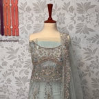 Bridal maxi for barat BM014 maxi front close up – kora nakshi pearls sequin hand work detail on ice blue net fabric
