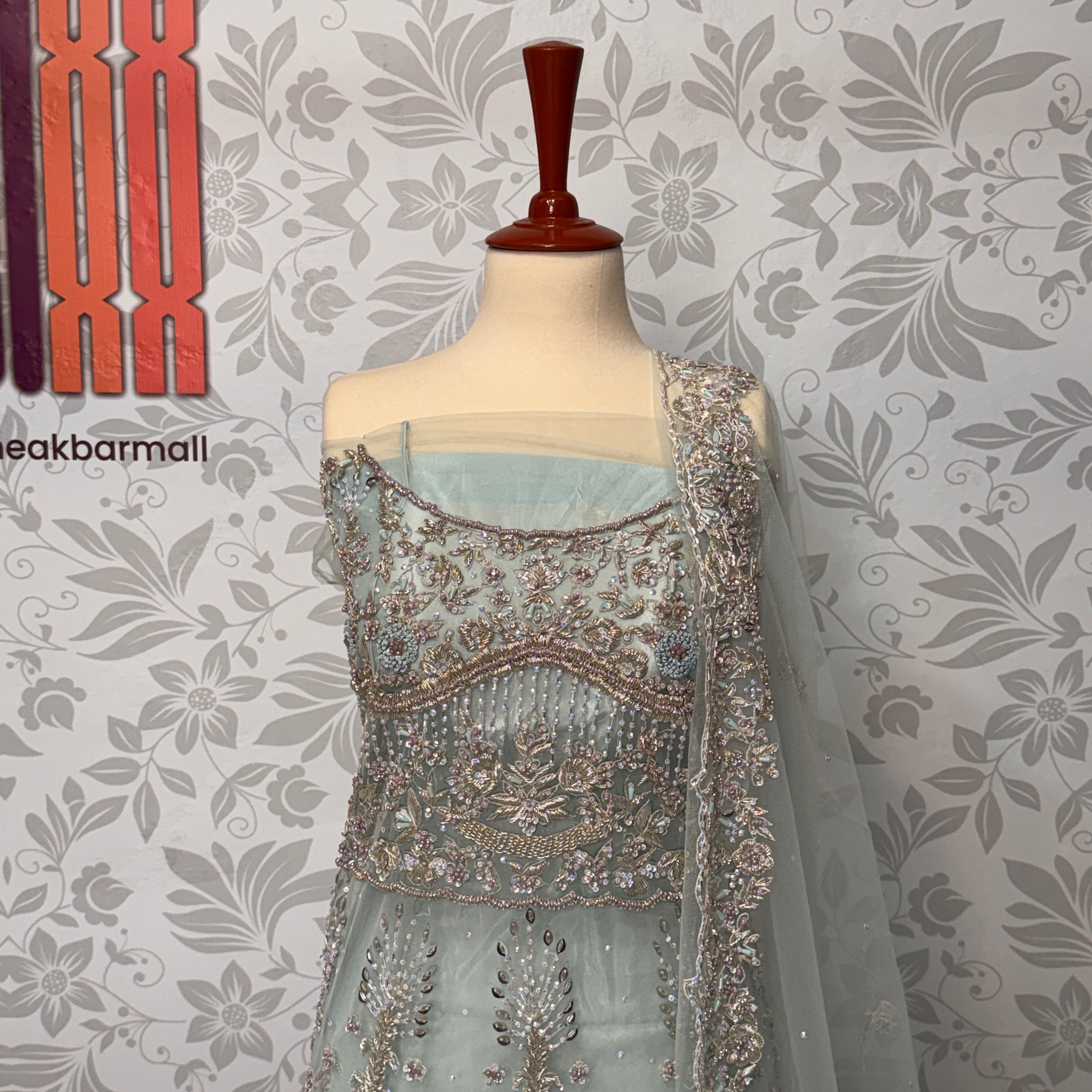 Bridal maxi for barat BM014 maxi front close up – kora nakshi pearls sequin hand work detail on ice blue net fabric
