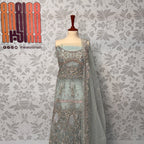 Bridal maxi BM014 lehenga view – ice blue net with kora nakshi pearls and sequin embroidery full skirt Pakistani wedding
