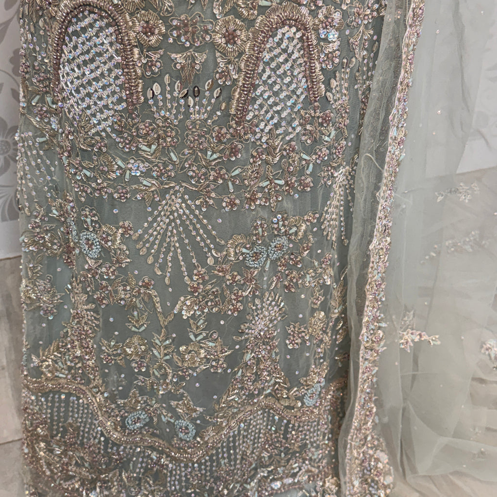 Bridal maxi BM014 lehenga view – ice blue net with kora nakshi pearls and sequin embroidery full skirt Pakistani wedding
