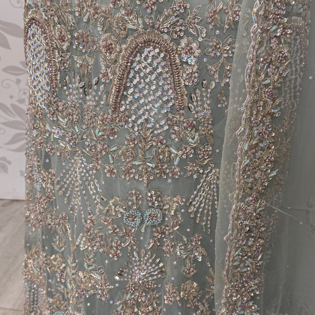Bridal maxi BM014 lehenga view – ice blue net with kora nakshi pearls and sequin embroidery full skirt Pakistani wedding
