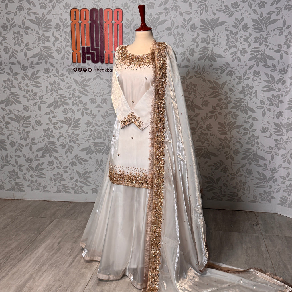 Party wear PW032 full view – off-white sheesha silk with kora nakshi sequin hand work Pakistani party wear dress for women
