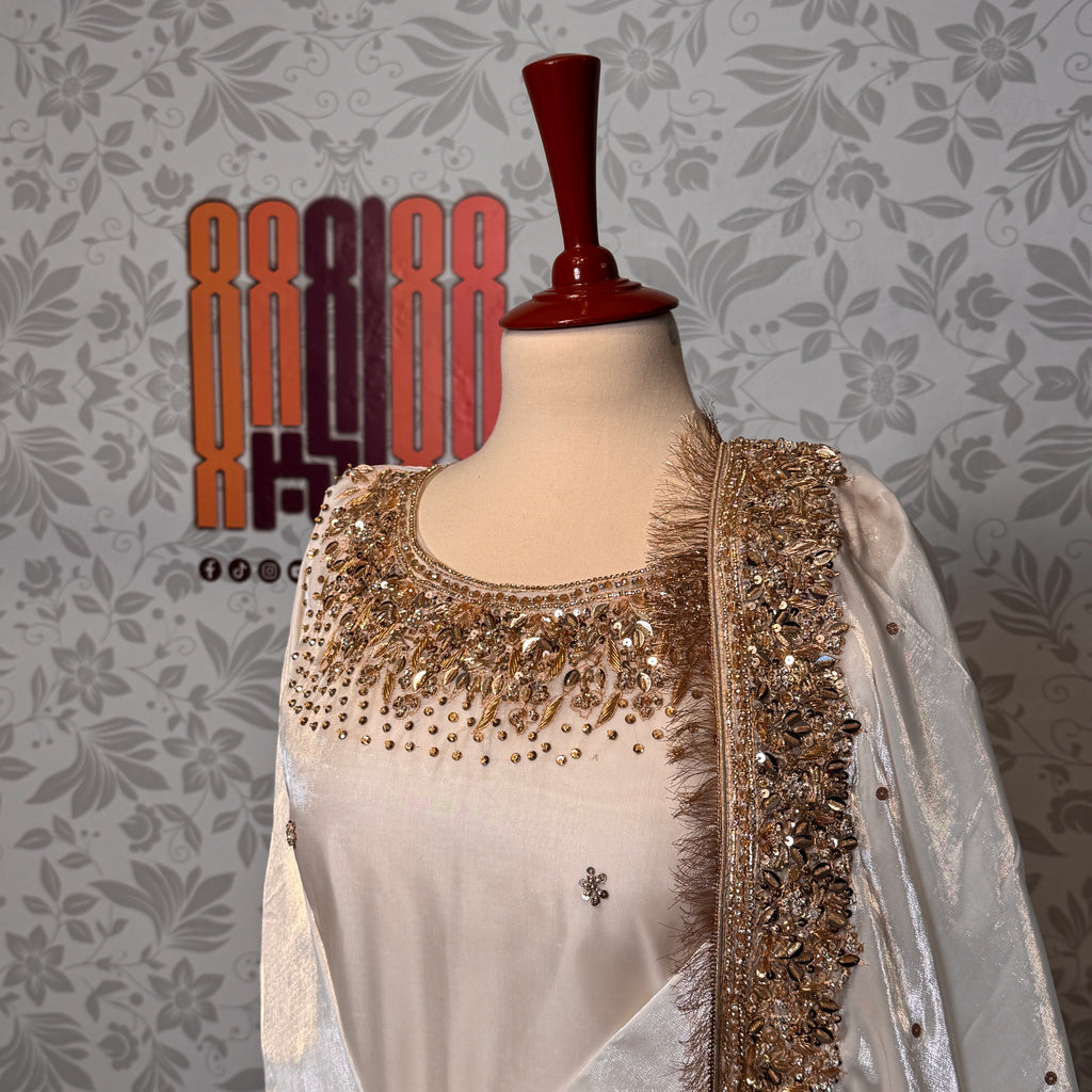 Party wear dresses in Pakistan PW032 shirt view – off-white sheesha silk with kora nakshi and sequin embroidery on neck and bottom
