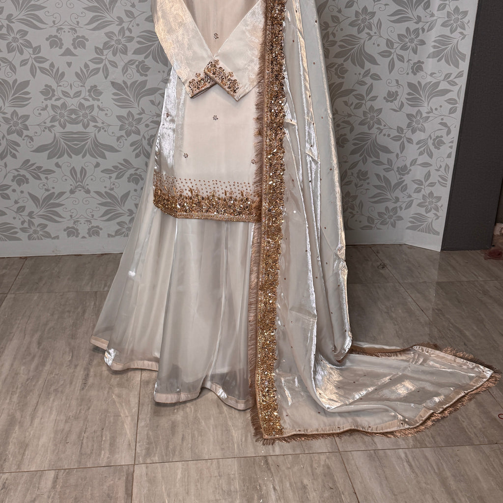 Party Wear Hand Work 4pcs Unstitched Nikah Suit Off-White - PW032
