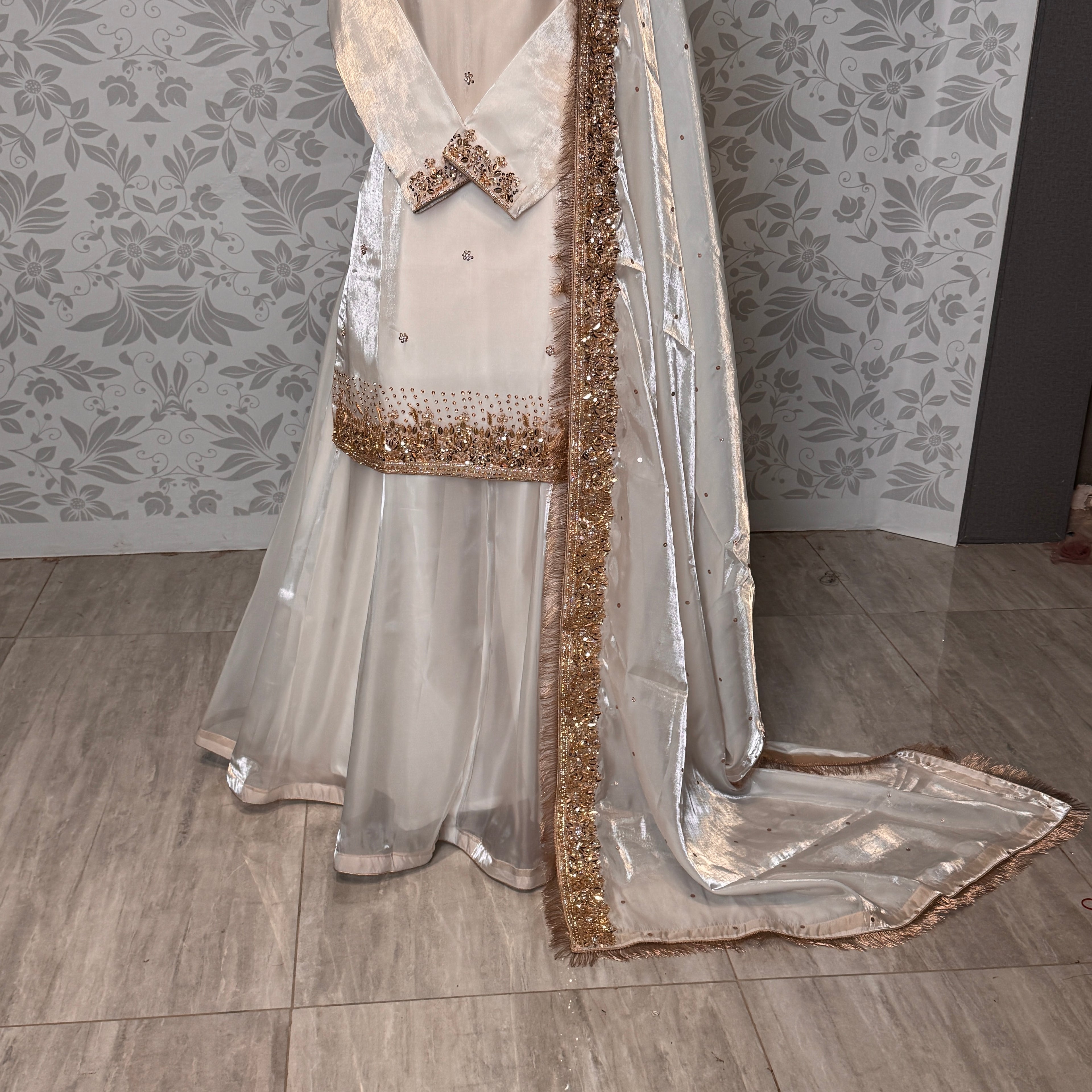 Party Wear Hand Work 4pcs Unstitched Nikah Suit Off-White - PW032