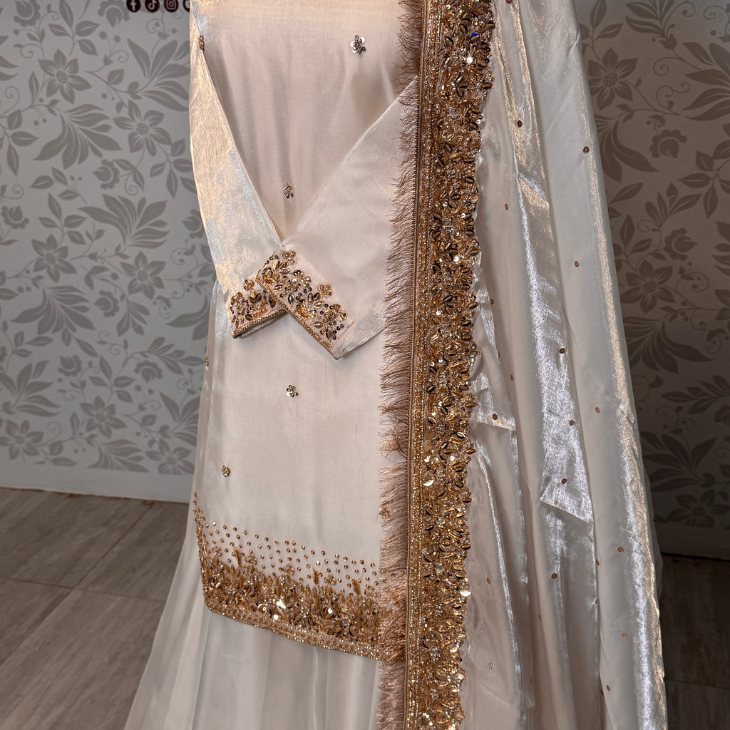 Party wear dresses for women PW032 lehenga view – off-white sheesha silk with super katan inner Pakistani party wear dress
