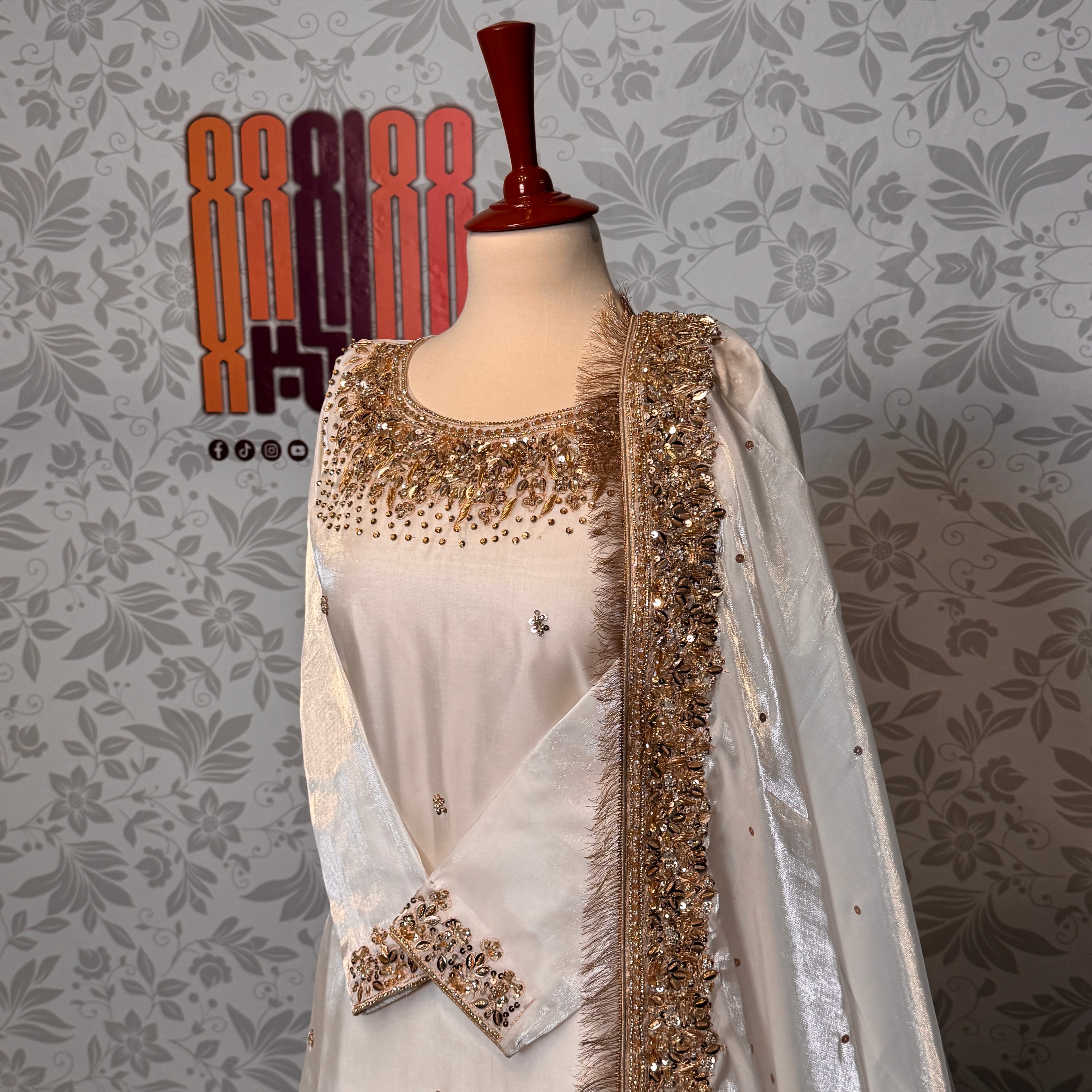 Party wear dresses in Pakistan PW032 shirt view – off-white sheesha silk with kora nakshi and sequin embroidery on neck and bottom
