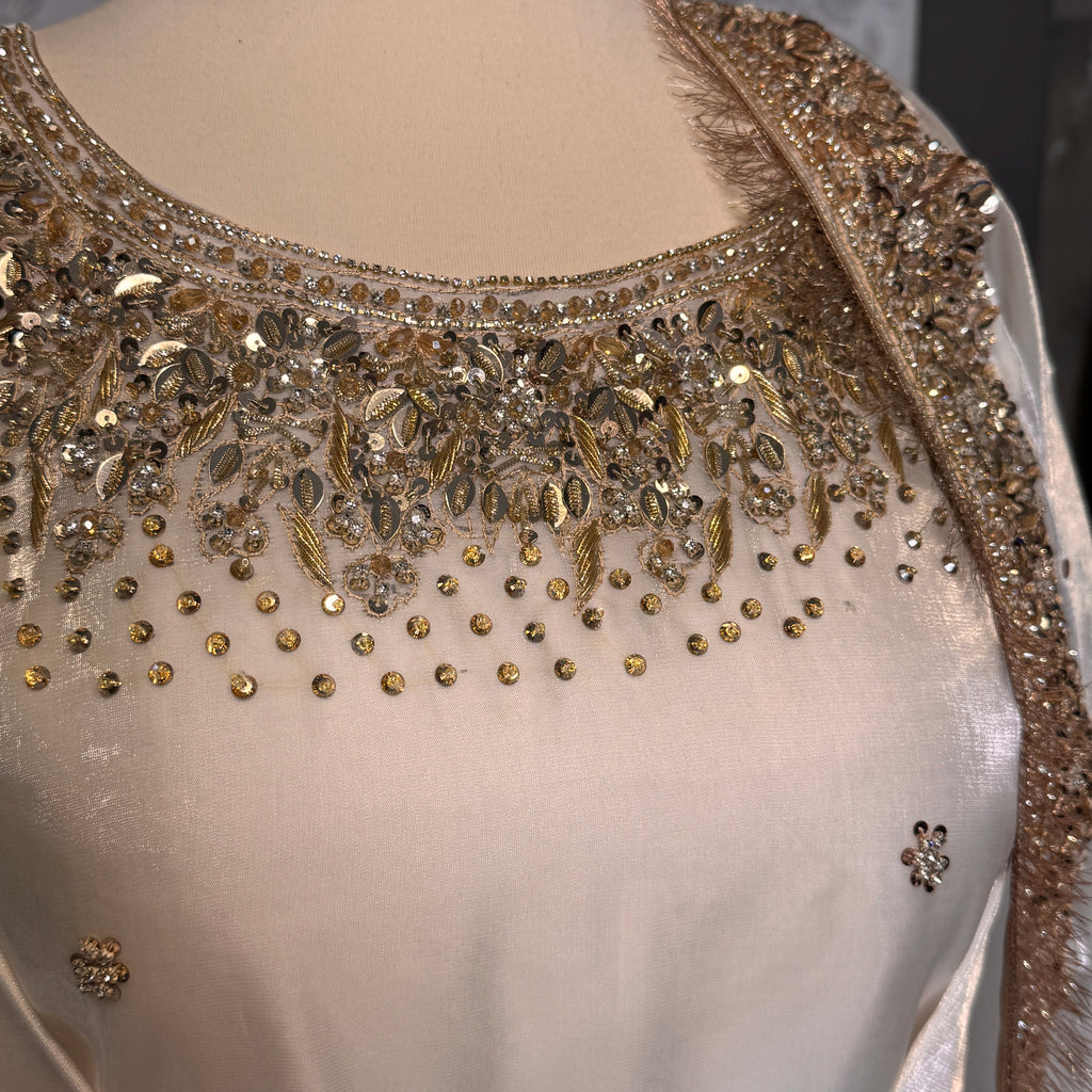 Party wear dresses for girl in Pakistan PW032 shirt close up – kora nakshi sequin hand work detail on off-white sheesha silk fabric
