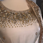 Party wear dresses for girl in Pakistan PW032 shirt close up – kora nakshi sequin hand work detail on off-white sheesha silk fabric
