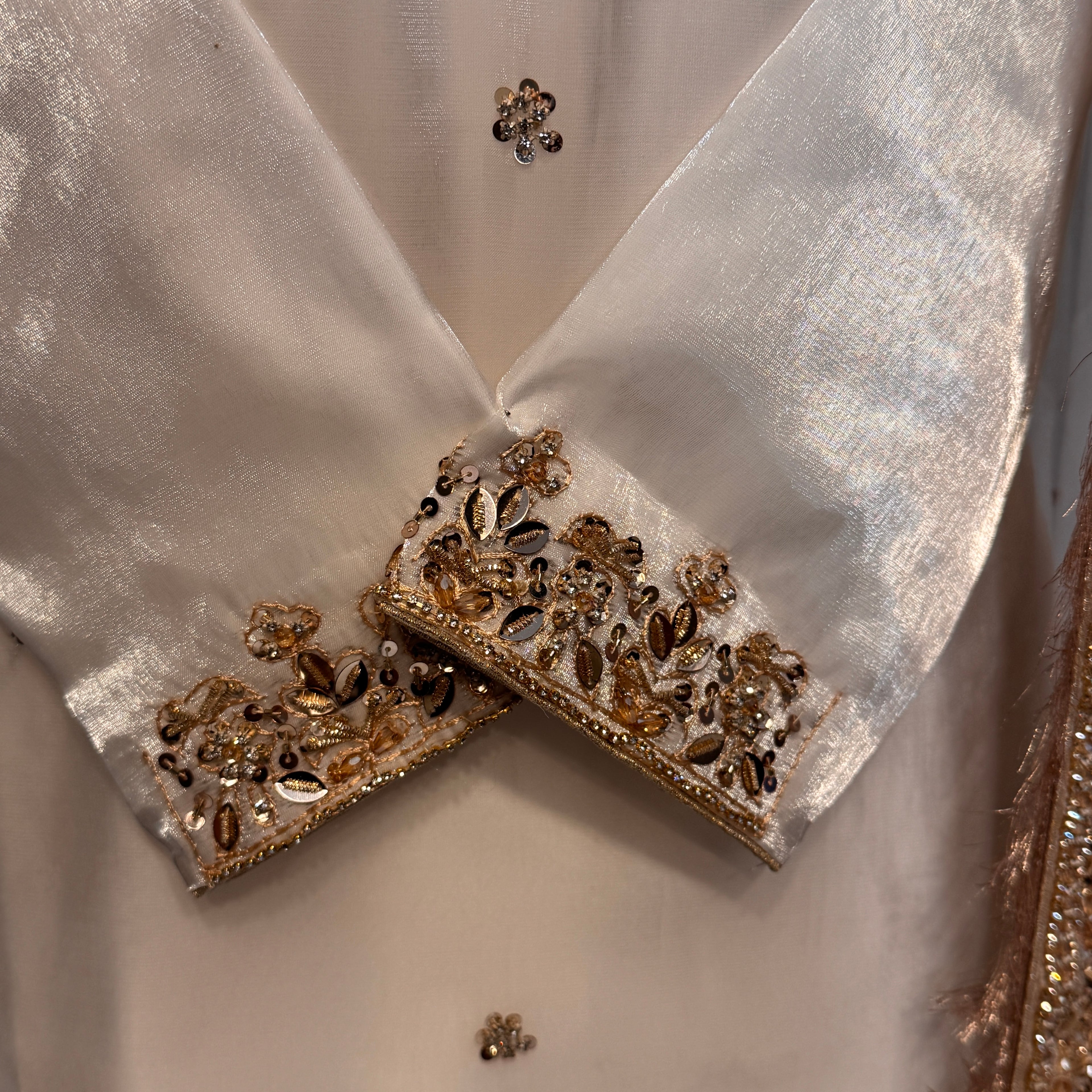 Party wear Pakistani brands PW032 sleeves detail – light border on off-white sheesha silk party wear dress Pakistan
