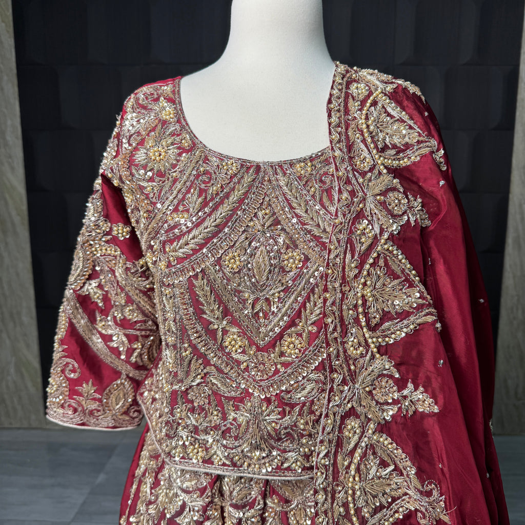 Bridal lehenga design BL035 front view – deep red tissue silk hand embroidery choli lehenga Pakistani bridal wear 2026
