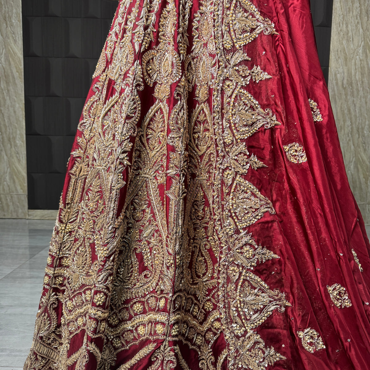 Bridal lehenga design BL035 lehenga back – full hand embroidery dabka nakshi crystals pearls sequins big flare red tissue silk Pakistan
