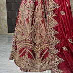 2026 bridal lehenga Pakistani BL035 lehenga close up – hand embroidery detail dabka nakshi crystals sequins deep Anari red tissue silk
