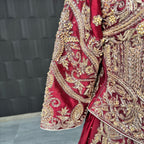 Bridal lehenga choli Pakistani BL035 sleeves view – heavy hand embroidery dabka nakshi crystals pearls deep Anari red tissue silk
