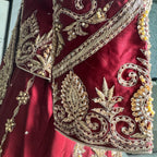 Bridal lehenga Pakistani BL035 sleeves close up – heavy embroidery work dabka nakshi sequins crystals red tissue silk bridal wear

