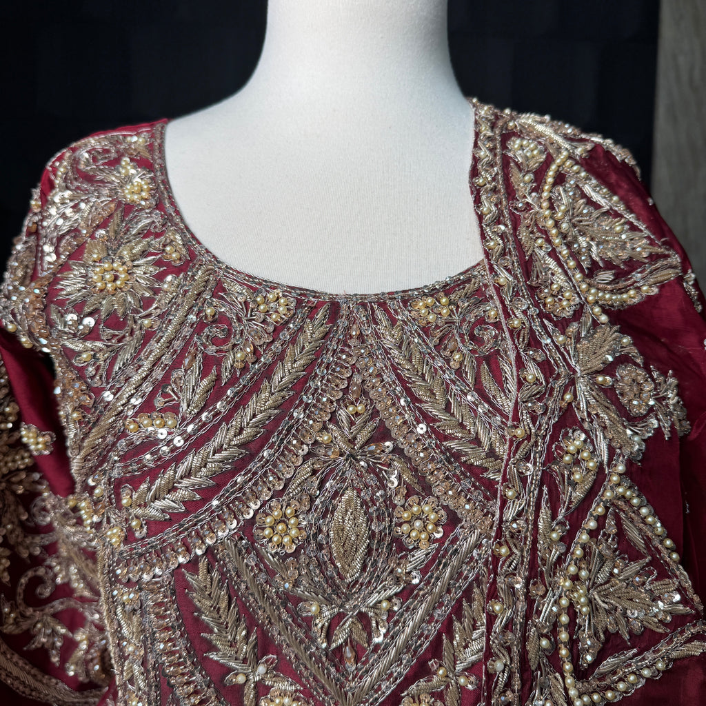 Bridal lehenga with price BL035 front embroidery close up – hand work dabka nakshi crystal sequin choli deep red tissue silk Pakistan
