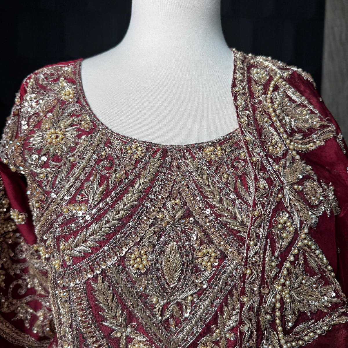 Bridal lehenga with price BL035 front embroidery close up – hand work dabka nakshi crystal sequin choli deep red tissue silk Pakistan
