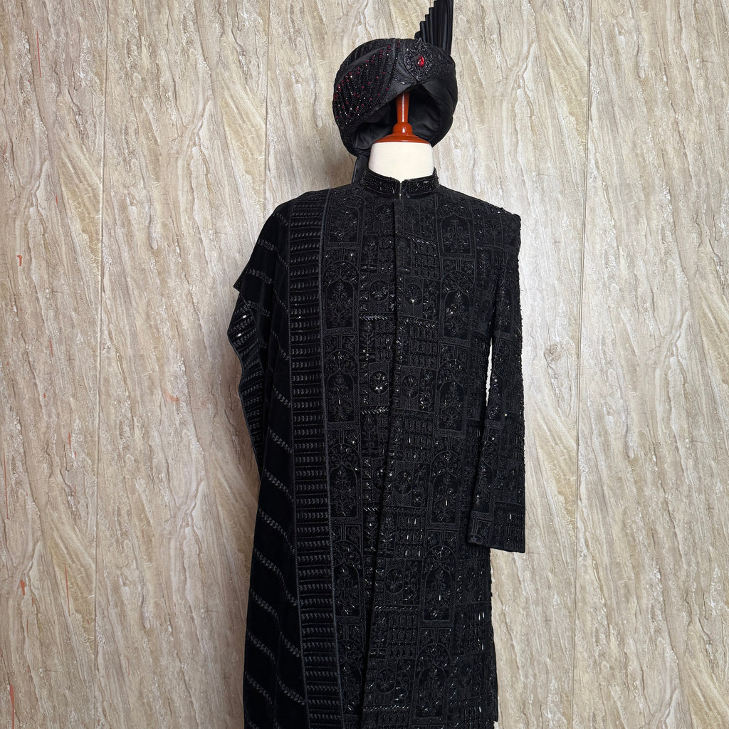 sherwani for groom black shirt close-up with cutdana embroidery machine work
