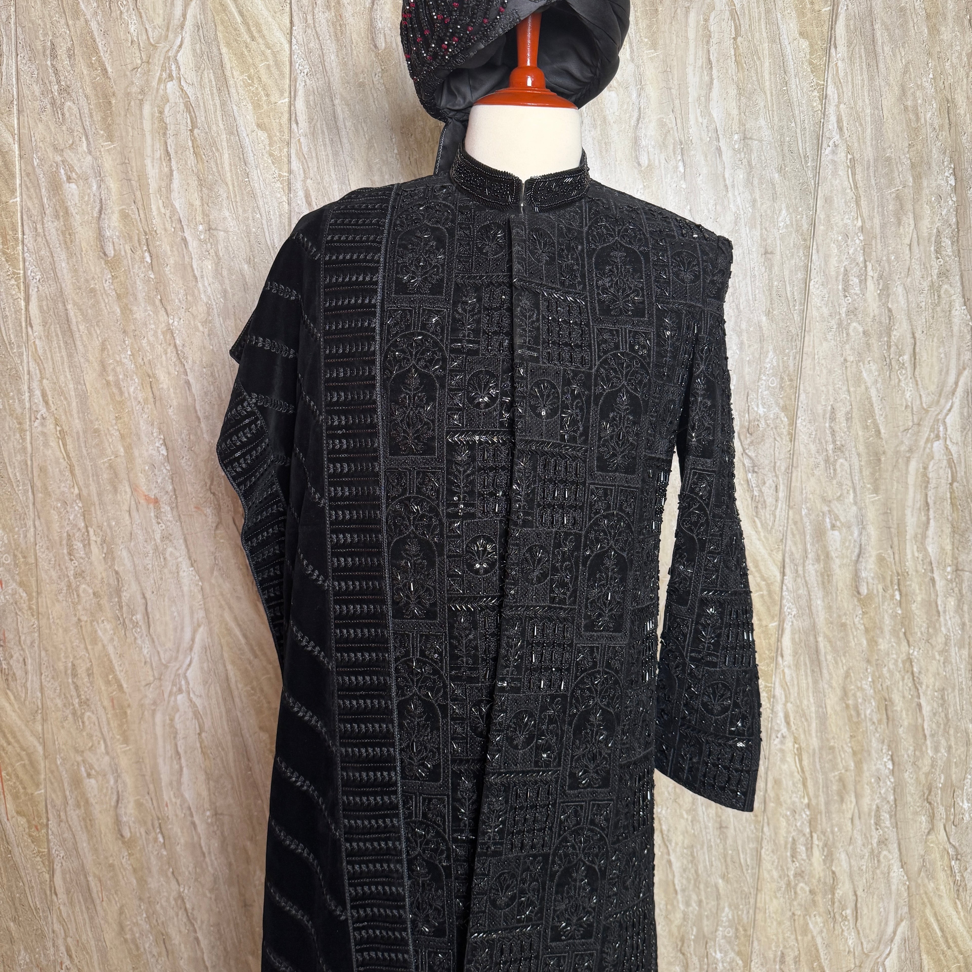 sherwani for men black back sequins embroidery close-up
