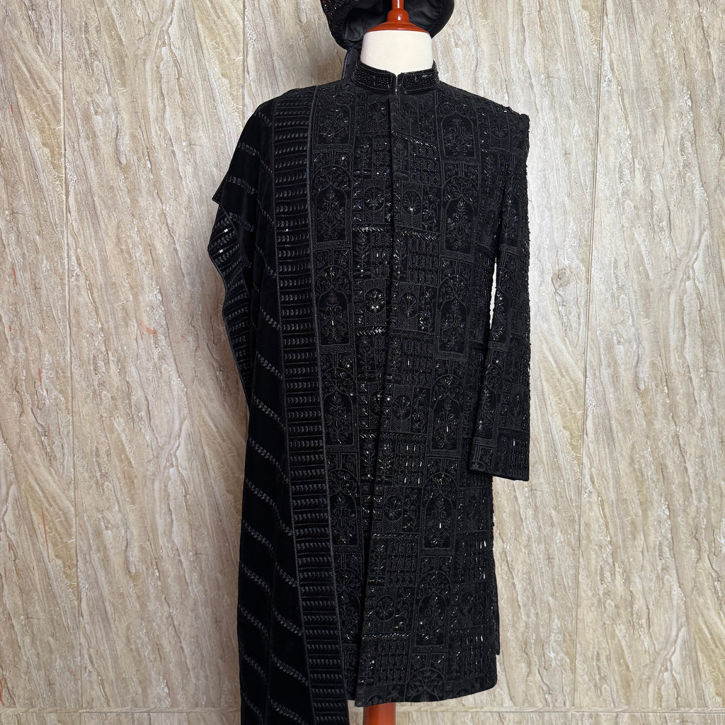 sherwani for men 5pcs set in black Raw silk with cutdana embroidery by The Akbar Mall
