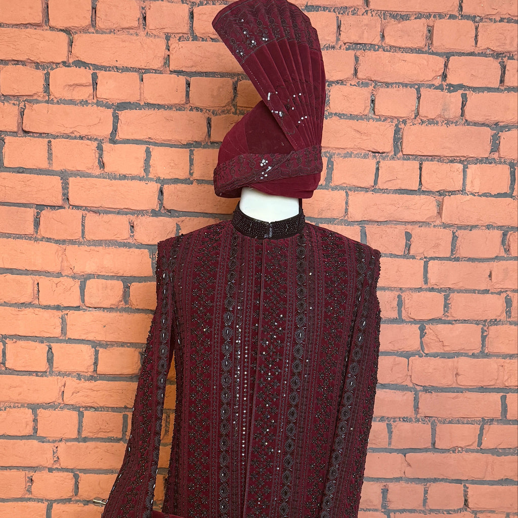 sherwani for men 5pcs set in maroon Raw silk with cutdana embroidery by The Akbar Mall
