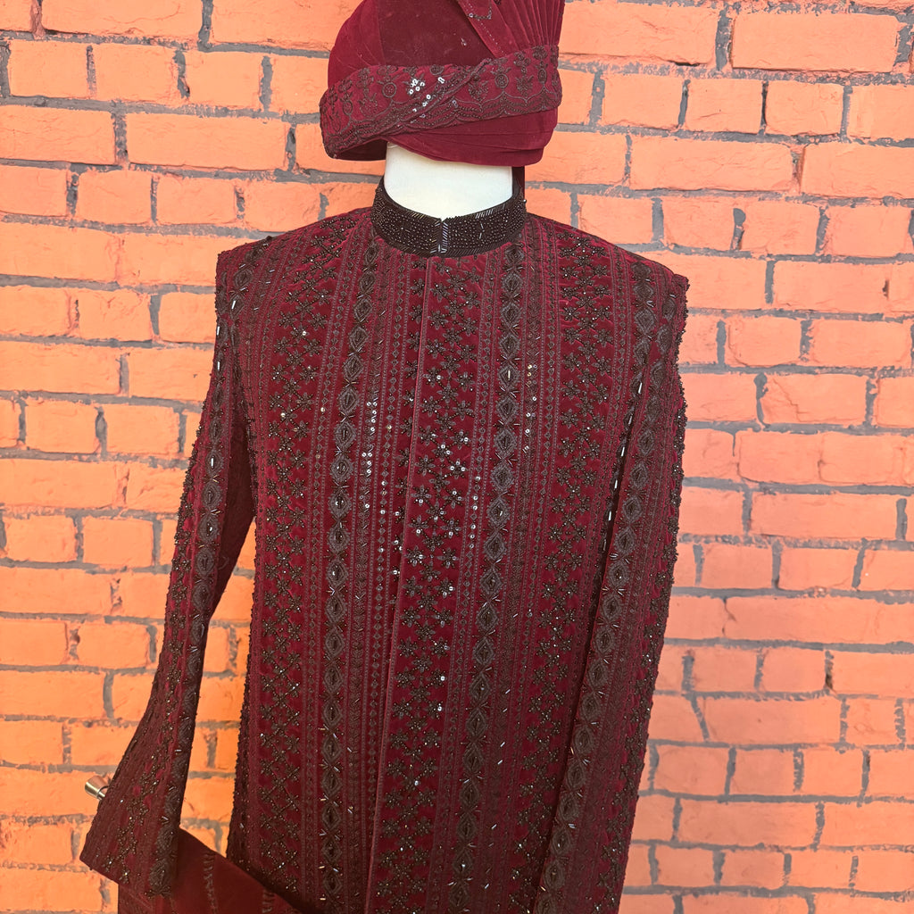 sherwani for groom maroon shirt close-up with cutdana embroidery machine work
