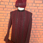sherwani for groom maroon shirt close-up with cutdana embroidery machine work
