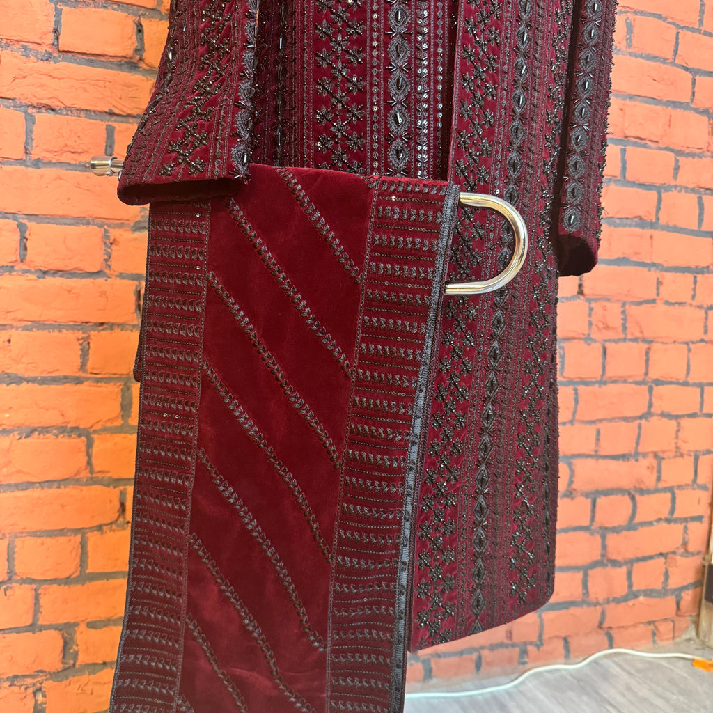 sherwani shawl maroon Raw silk – complete sherwani for men set by The Akbar Mall
