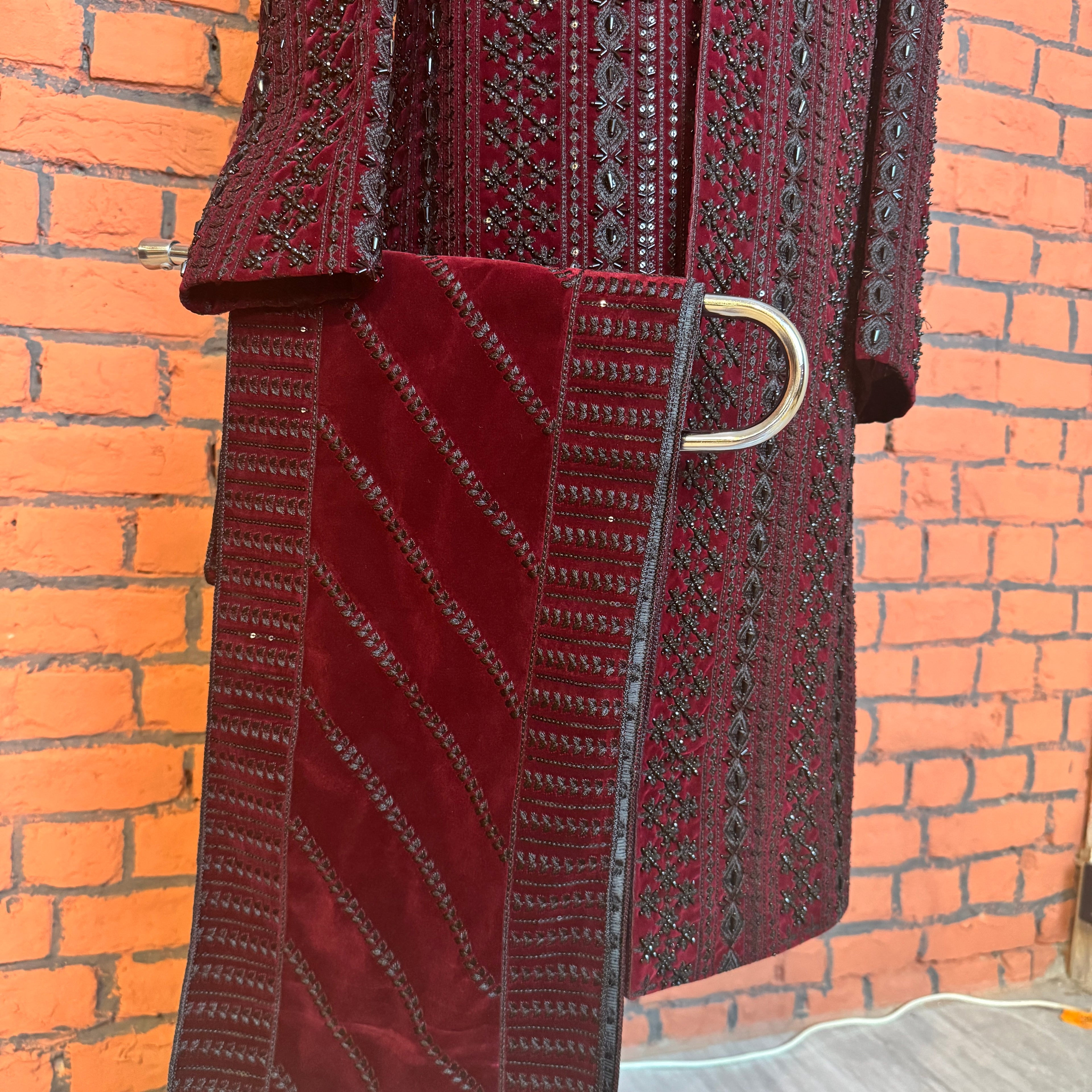 sherwani shawl maroon Raw silk – complete sherwani for men set by The Akbar Mall

