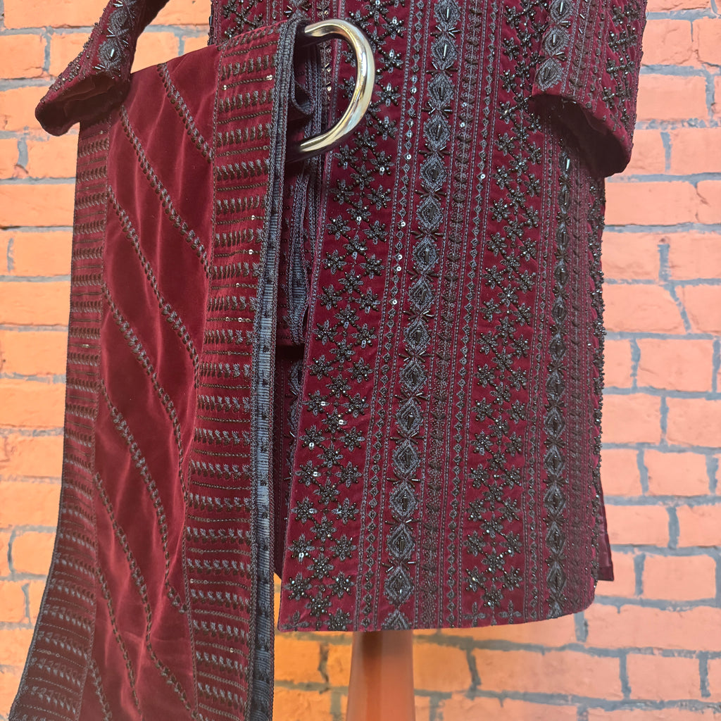 sherwani shawl maroon Raw silk – complete sherwani for men set by The Akbar Mall
